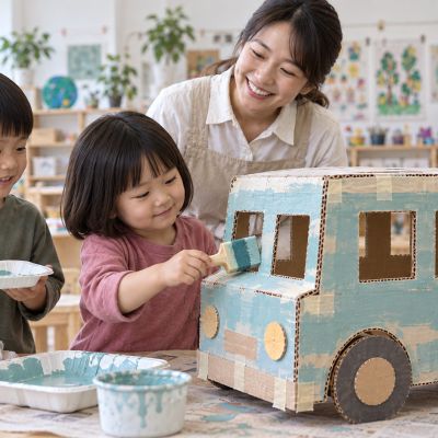 替公車添上顏色：孩子用柔和藍綠色塗出車身，留下自己的手作痕跡。