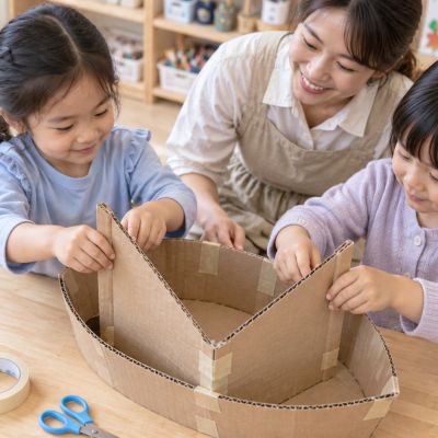 小船的船頭要尖尖：另一組孩子折出紙箱船頭，把平面紙板變成立體船身。