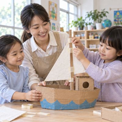 幫小船加上帆：孩子與老師裝上輕紙板帆，確認船身站得穩。