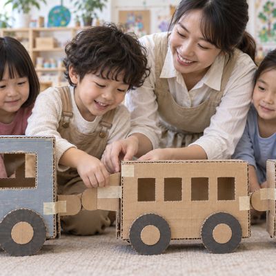 把車廂連起來：使用圓角紙板連接片和紙膠帶，讓火車能一起移動。