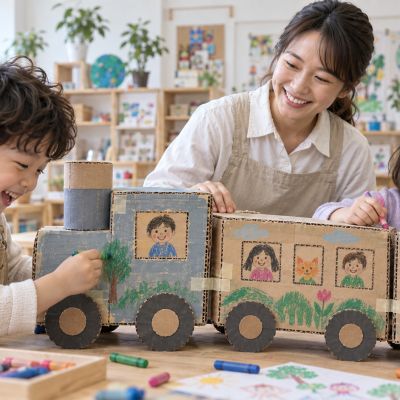每節車廂都不一樣：孩子畫上窗戶、乘客和風景，讓火車有自己的故事。