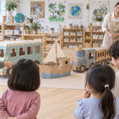 三種交通工具集合：完成的公車、小船與火車並排，孩子退後欣賞差異。
