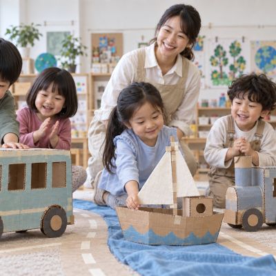 換你當小小駕駛：孩子輪流推動作品、模仿搭乘與提醒同伴慢慢前進。