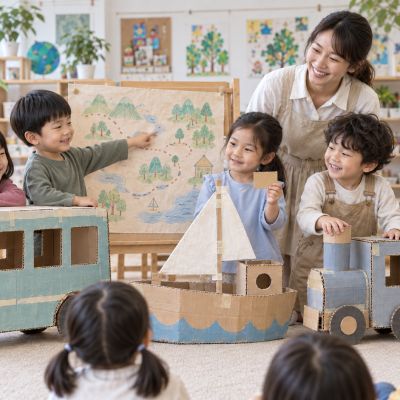 先向同伴介紹：小導覽員指著三件作品，分享車輪修好後的發現。