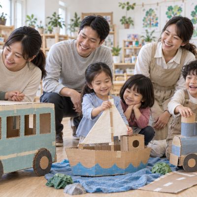 帶家人走一趟旅程：孩子牽著家人參觀作品，為這次紙箱創作畫下結尾。