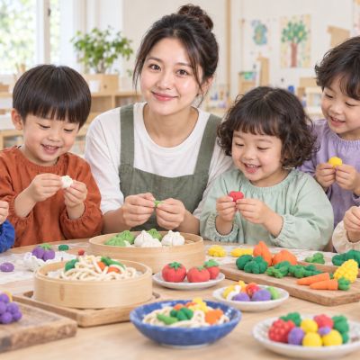 想像料理小餐桌：新老師與孩子圍著完成的黏土餐桌，邀請大家欣賞手作料理。