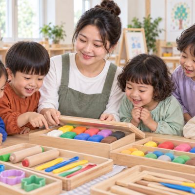 今天的材料好繽紛：老師打開安全黏土材料，孩子觀察不同顏色與質地。