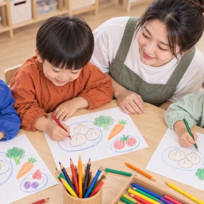 先畫一張小草圖：孩子在白紙上畫出餐盤、食物形狀與擺盤想法。
