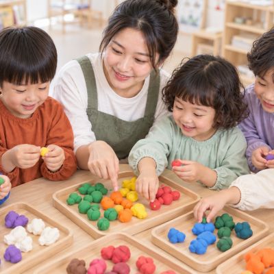 顏色分給每一組：孩子把黏土分成小份，討論哪些顏色適合蔬菜和甜點。