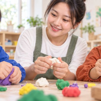 用小手揉一揉：老師示範揉捏，孩子感受黏土變得柔軟。