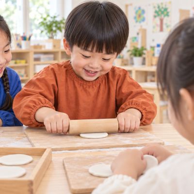 把麵團擀平：孩子用安全木滾棒擀出圓片，準備做餃子皮。