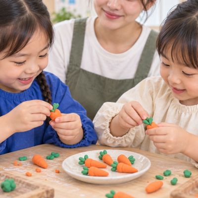 捏出橘色小紅蘿蔔：孩子搓出根部與綠葉，放進蔬菜盤。