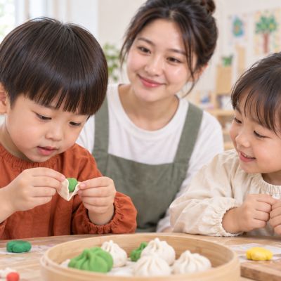 第一次包餃子：孩子把黏土餡放進薄薄的皮，試著把邊緣合起來。