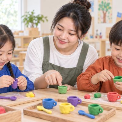 杯子和餐具也來了：另一組孩子做出小杯子與湯匙，讓餐桌更完整。