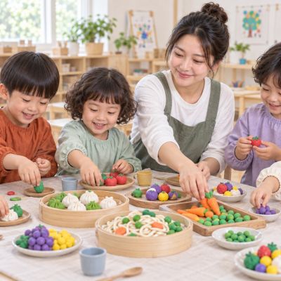 把桌面布置好：大家鋪上素色布，安排餐盤、餐具與黏土料理。