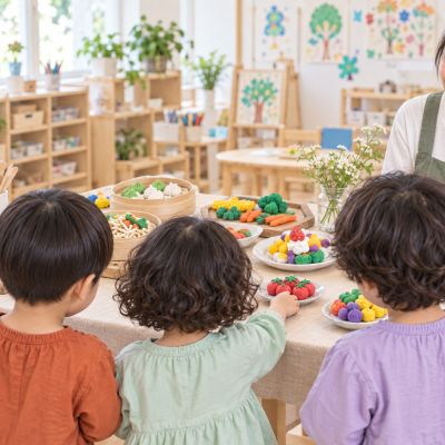 檢查每一份作品：孩子退後看餐桌，調整歪斜的盤子與作品位置。