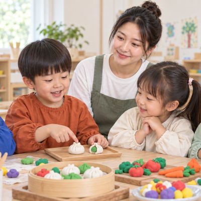 向同伴說說祕訣：孩子指著修好的餃子，分享從裂開到成功的過程。