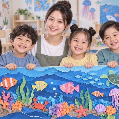 我們的海底世界：新一組孩子與同一位老師展示完成的立體拼貼畫，魚群與海草在紙面上有前後層次。