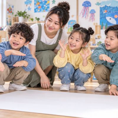你看見什麼魚：孩子蹲在展板旁分享想像，老師聆聽每個人的發現。