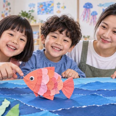小魚第一次站起來：桌邊仰拍紙魚與孩子開心的表情，魚身暫時立在底板上。