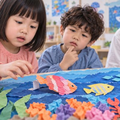 咦，小魚倒下了：紙魚因支撐太軟而傾斜，孩子停下來查看。