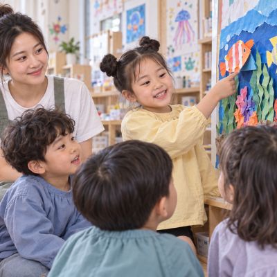 向同伴介紹海底世界：小導覽員說明紙魚怎麼站起來，同伴從作品前聆聽。