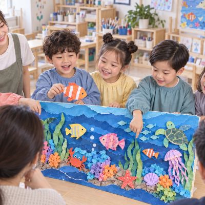 帶家人看海洋小展：孩子帶家人觀看完成的拼貼畫，為創作與分享畫下句點。