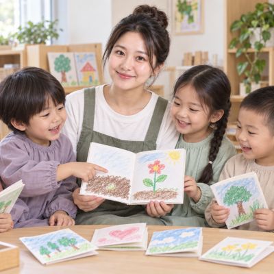 我的第一本小書：孩子與老師展示完成的小圖畫冊，每本書都有自己的畫面與故事。