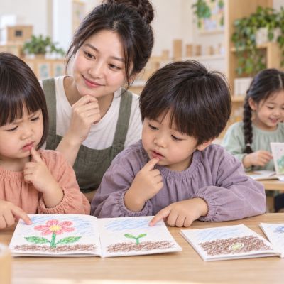 花怎麼先開了：排頁時發現花的圖跑到嫩芽前面，孩子停下來看。