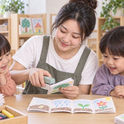 裝訂完成了：老師協助安全裝訂，孩子翻看自己的第一本小圖畫冊。