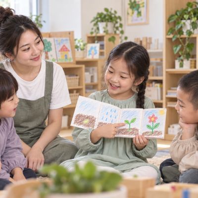 我來說故事：孩子面向同學翻書，講出小種子長大的過程。