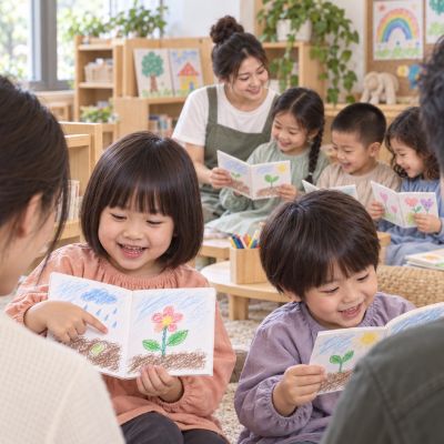 和家人一起讀：放學時孩子帶家人共讀自己的作品，為故事畫下句點。