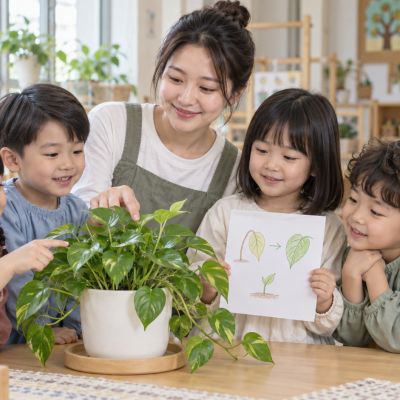 今天我來照顧你：老師與孩子圍著恢復生氣的教室綠蘿，分享照顧植物的喜悅。