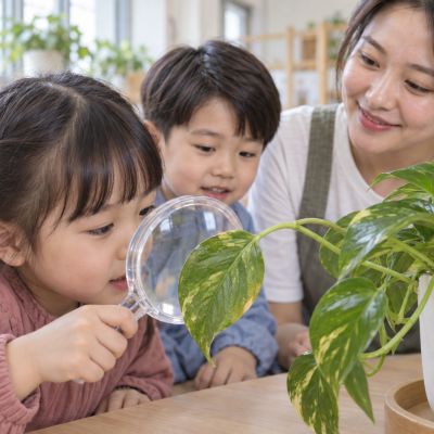 仔細看看葉子：孩子用放大鏡觀察葉片與葉脈，尋找線索。