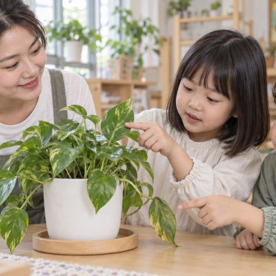 葉子有什麼不一樣：孩子比較同一盆中挺立與下垂的葉子。