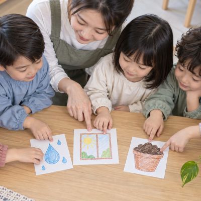 植物需要什麼：大家用無字圖卡討論水、光和土壤。