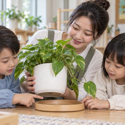 先看看花盆底下：老師帶孩子檢查托盤與排水，準備好照顧的位置。