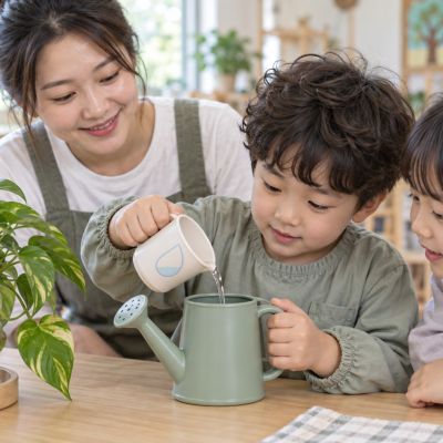 裝一點點水就好：孩子在小水壺裡量取適量水，準備慢慢澆。