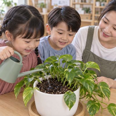 慢慢澆在土裡：孩子扶好水壺，把水小心倒向土壤。