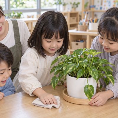 一起擦乾小水滴：托盤旁有幾滴水，孩子主動把桌面擦乾。