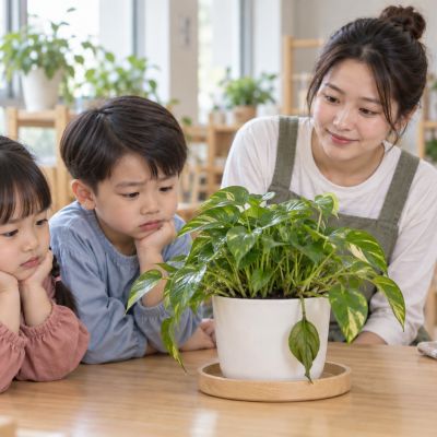 怎麼還沒有站起來：剛澆完水，葉子仍低垂；大家學著耐心等待。