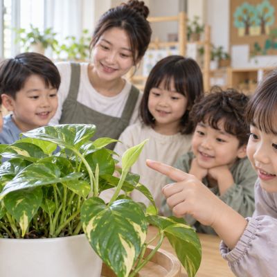 還有一片小新葉：孩子看見嫩芽，輕輕指向它而不碰傷葉子。