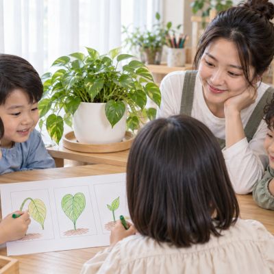 把變化畫下來：孩子畫出葉子從下垂、挺起到新芽的無字觀察圖。