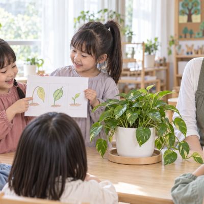 說給同學聽：孩子向同伴展示盆栽和觀察圖，分享照顧與等待的經驗。