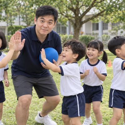 一起完成挑戰：Kevin 與孩子在活動後擊掌，分享合作的喜悅。