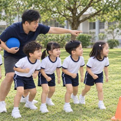 出發前看一看：Kevin 帶孩子認識草地上的傳球路線。