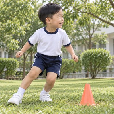 輕快地移動腳步：孩子沿著軟錐旁練習安全的側步。