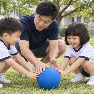Kevin 示範滾球：Kevin 蹲下來，陪兩名孩子練習輕推軟球。