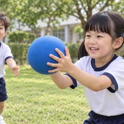 接到了：孩子用雙手穩穩接住球，露出開心的表情。