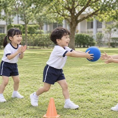 輪流接力：四位孩子合作傳球，也替等待中的同伴加油。